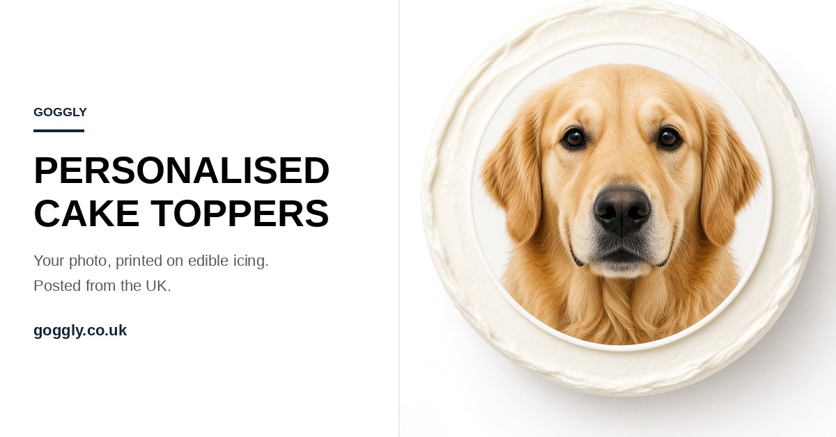 Personalised cake toppers. A dog photo printed on an edible icing topper, on a white cake.