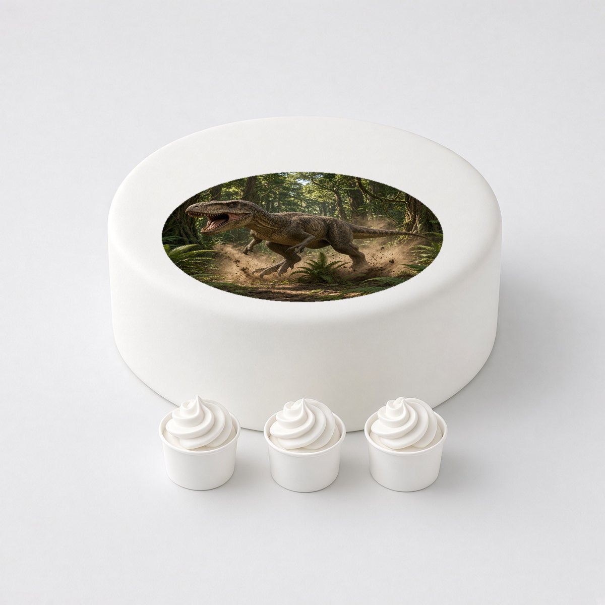 Allosaurus in a realistic scene, printed on a circle cake topper on a white cake, with the words your text here above and below.