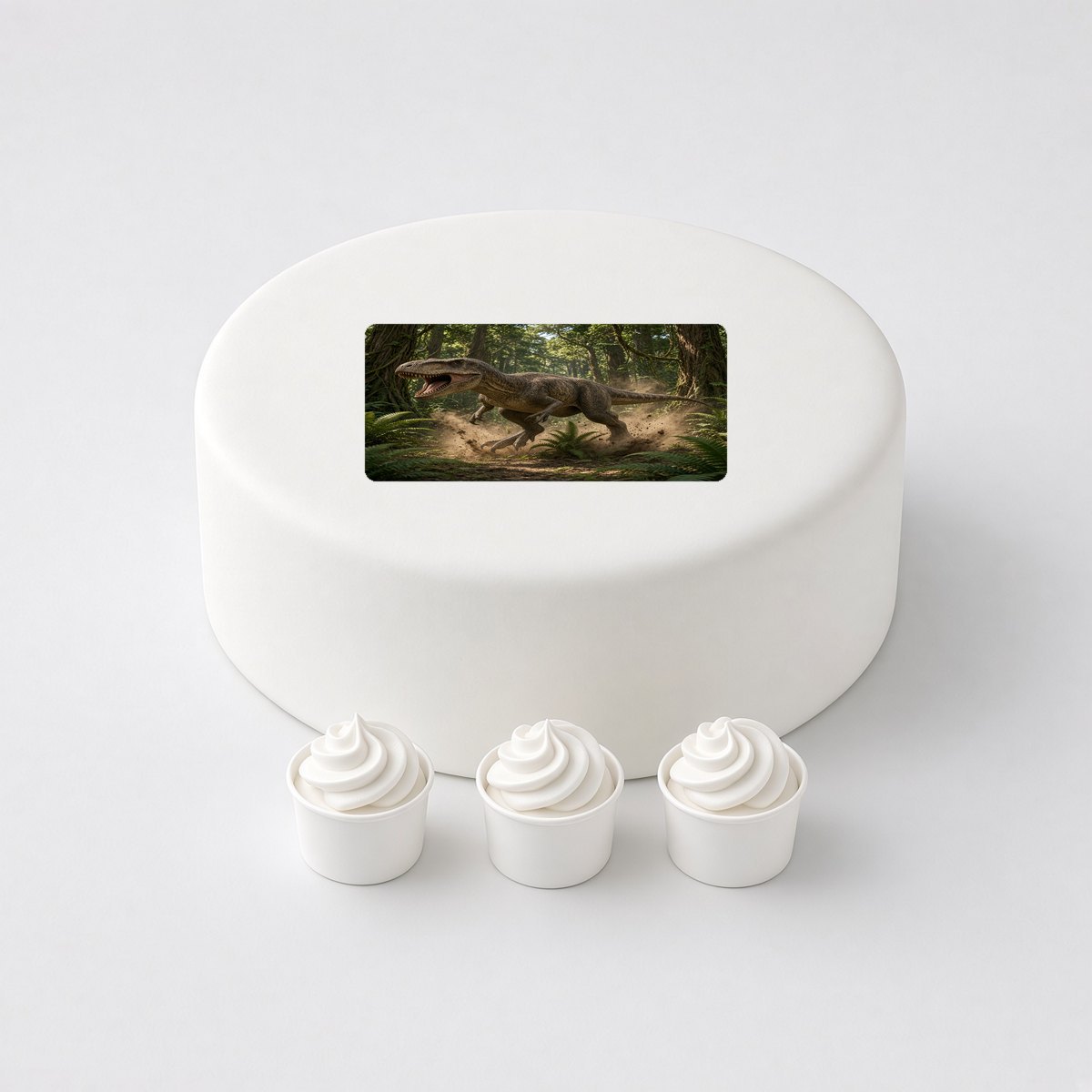 Allosaurus in a realistic scene, printed on a square cake topper on a white cake, with the words your text here above and below.
