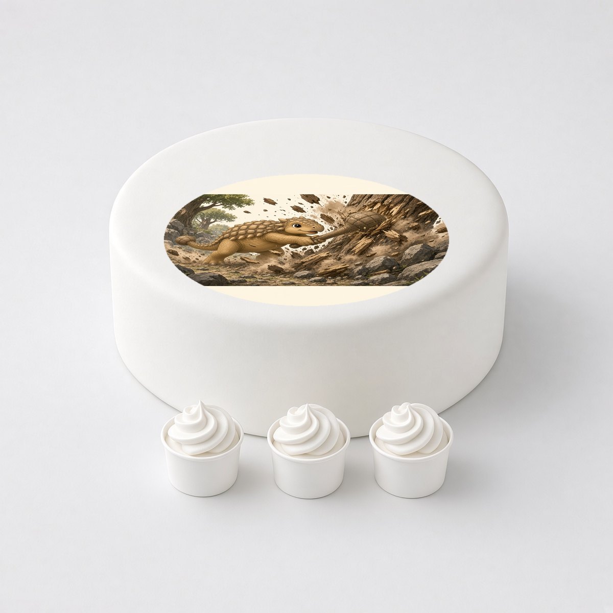 Ankylosaurus in a cartoon scene, printed on a circle cake topper on a white cake, with the words your text here above and below.