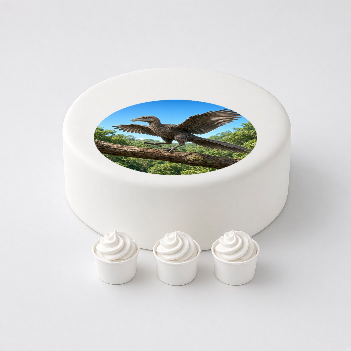 Archaeopteryx in a realistic scene, printed on a circle cake topper on a white cake, with the words your text here above and below.