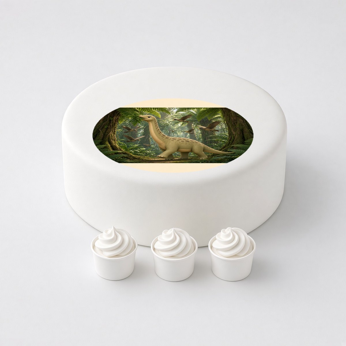 Brachiosaurus in a cartoon scene, printed on a circle cake topper on a white cake, with the words your text here above and below.
