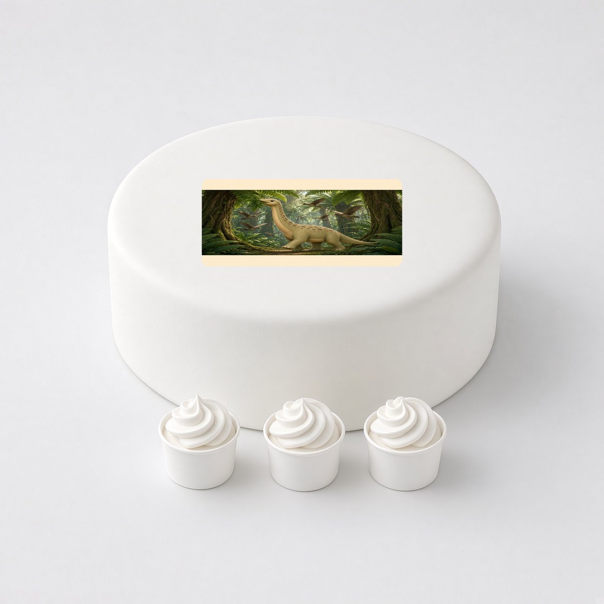 Brachiosaurus in a cartoon scene, printed on a square cake topper on a white cake, with the words your text here above and below.