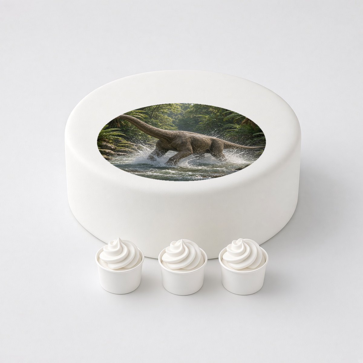 Brontosaurus in a realistic scene, printed on a circle cake topper on a white cake, with the words your text here above and below.