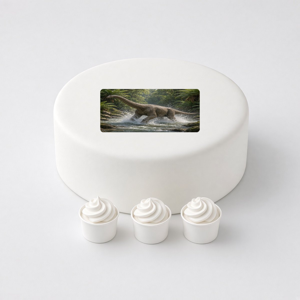 Brontosaurus in a realistic scene, printed on a square cake topper on a white cake, with the words your text here above and below.