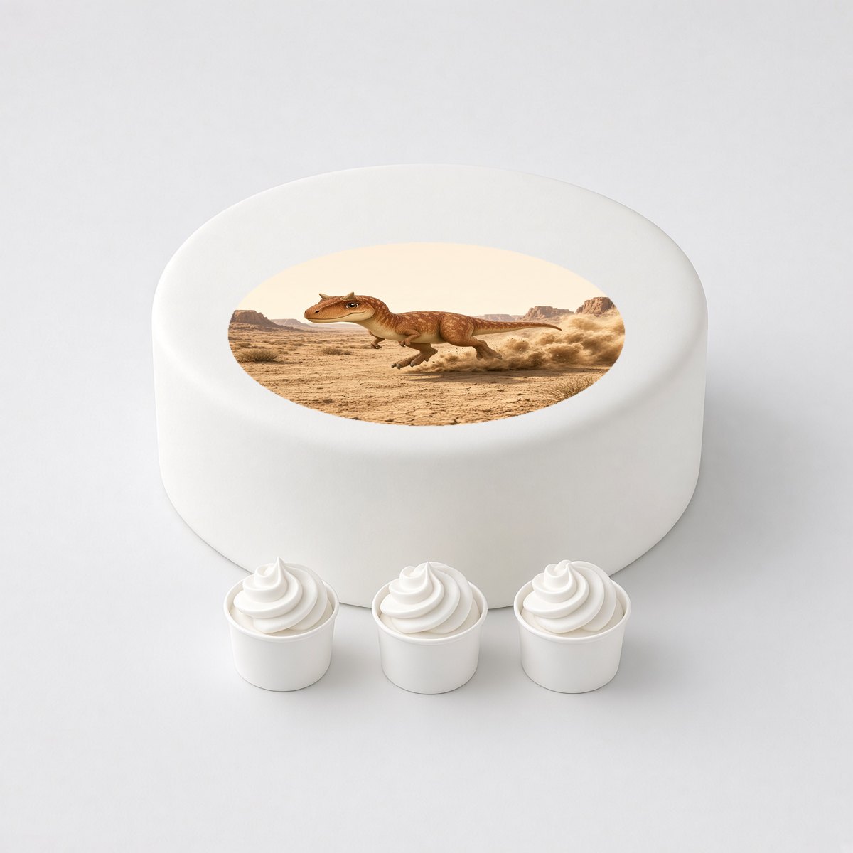 Carnotaurus in a cartoon scene, printed on a circle cake topper on a white cake, with the words your text here above and below.