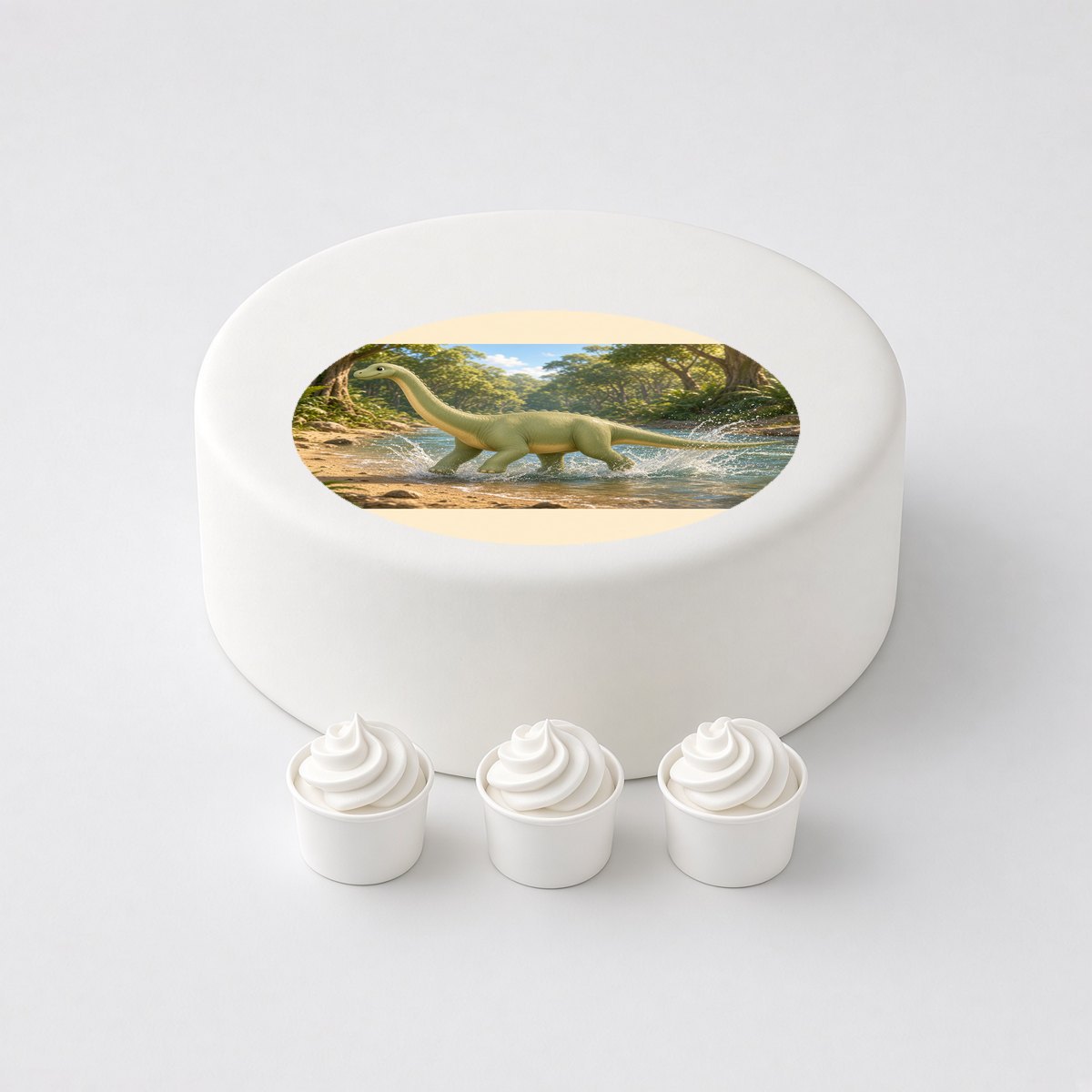 Diplodocus in a cartoon scene, printed on a circle cake topper on a white cake, with the words your text here above and below.