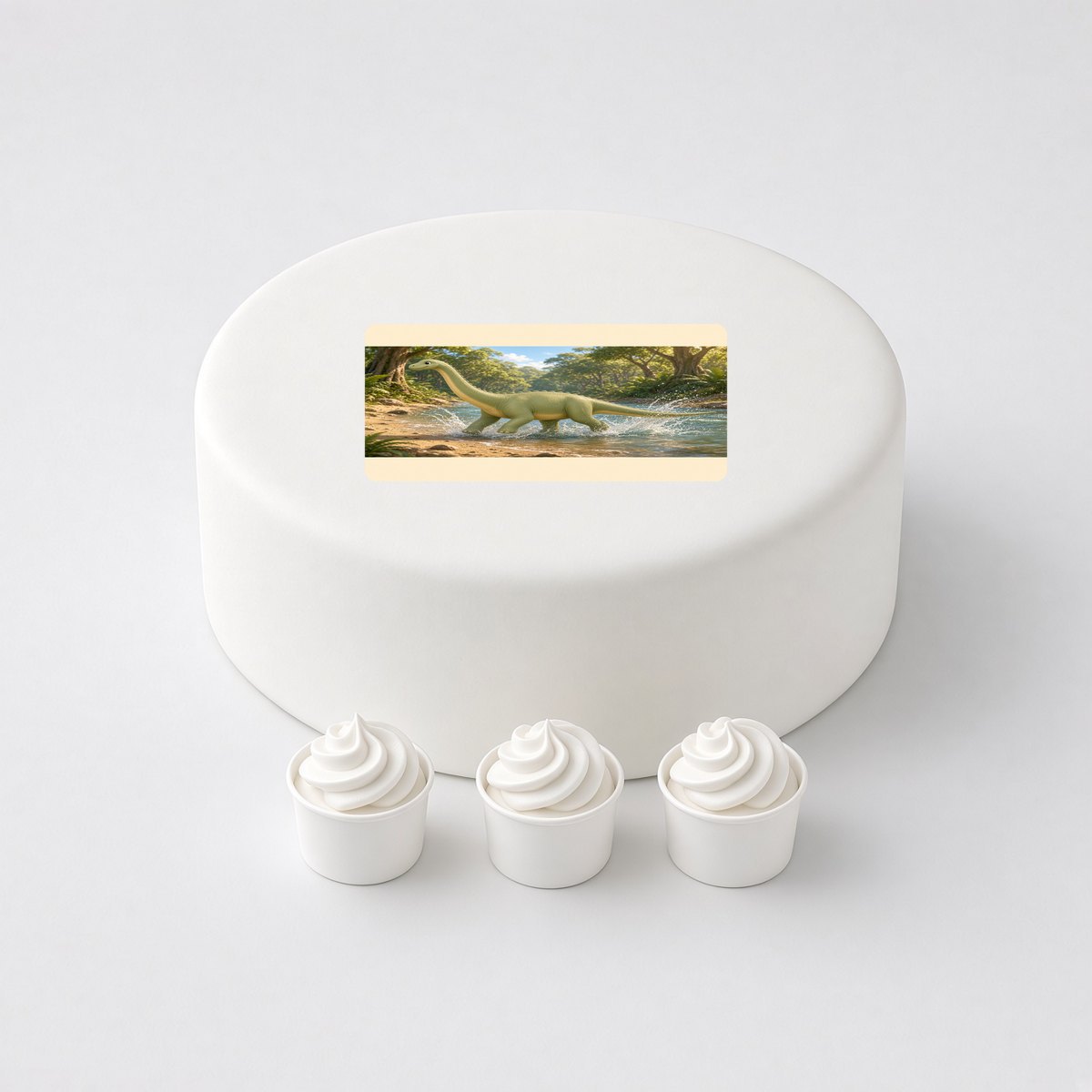 Diplodocus in a cartoon scene, printed on a square cake topper on a white cake, with the words your text here above and below.