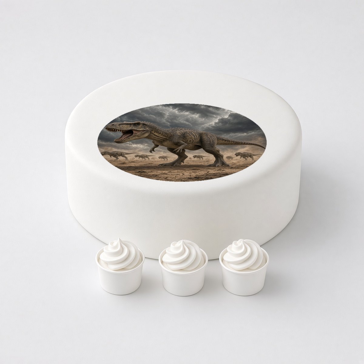 Giganotosaurus in a realistic scene, printed on a circle cake topper on a white cake, with the words your text here above and below.