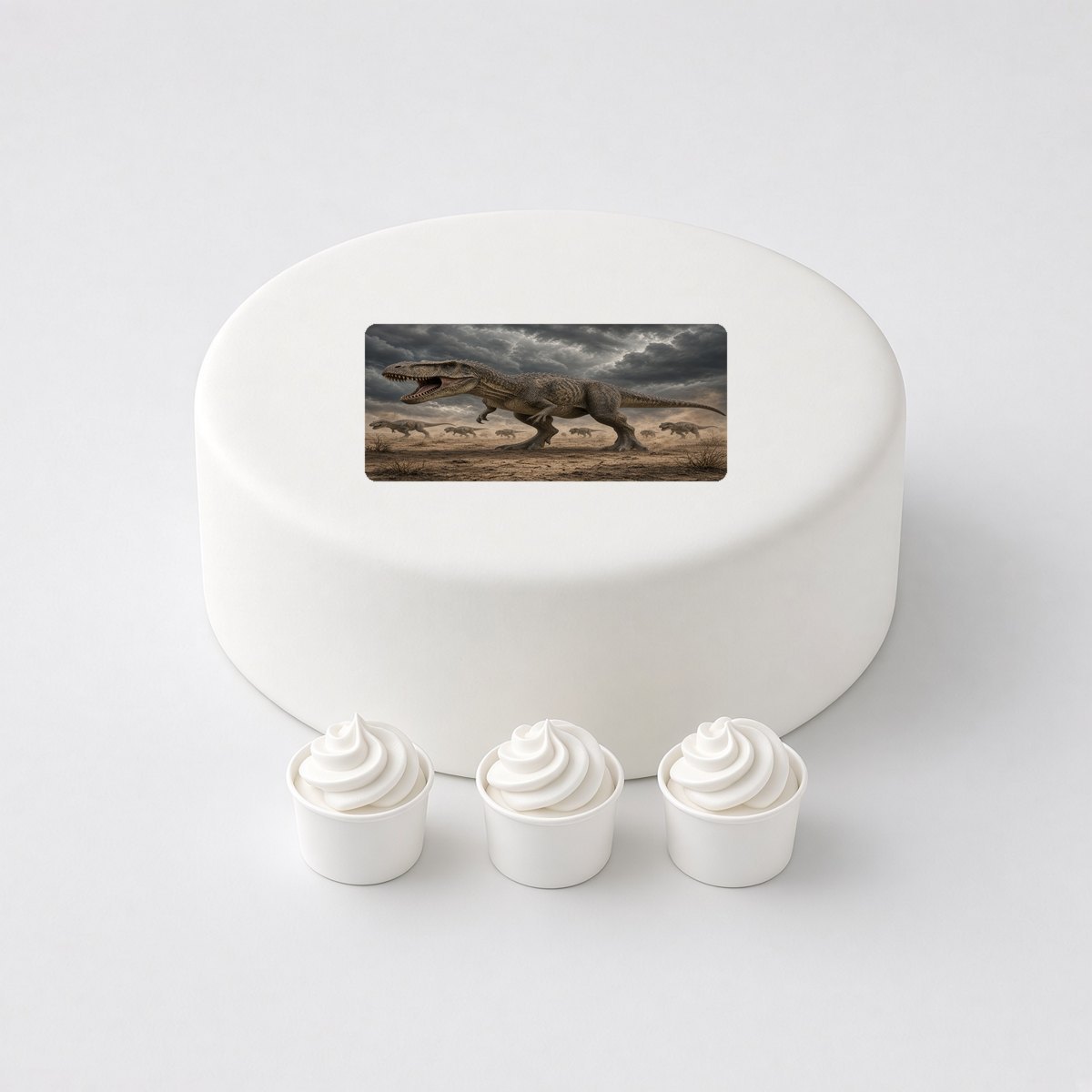 Giganotosaurus in a realistic scene, printed on a square cake topper on a white cake, with the words your text here above and below.