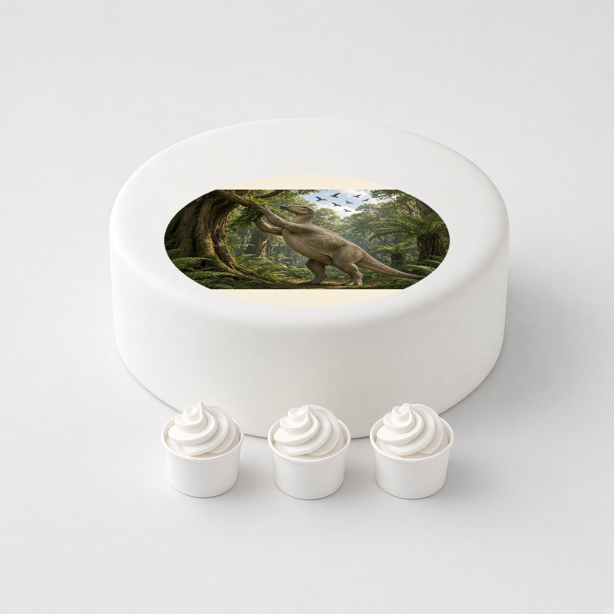 Iguanodon in a realistic scene, printed on a circle cake topper on a white cake, with the words your text here above and below.