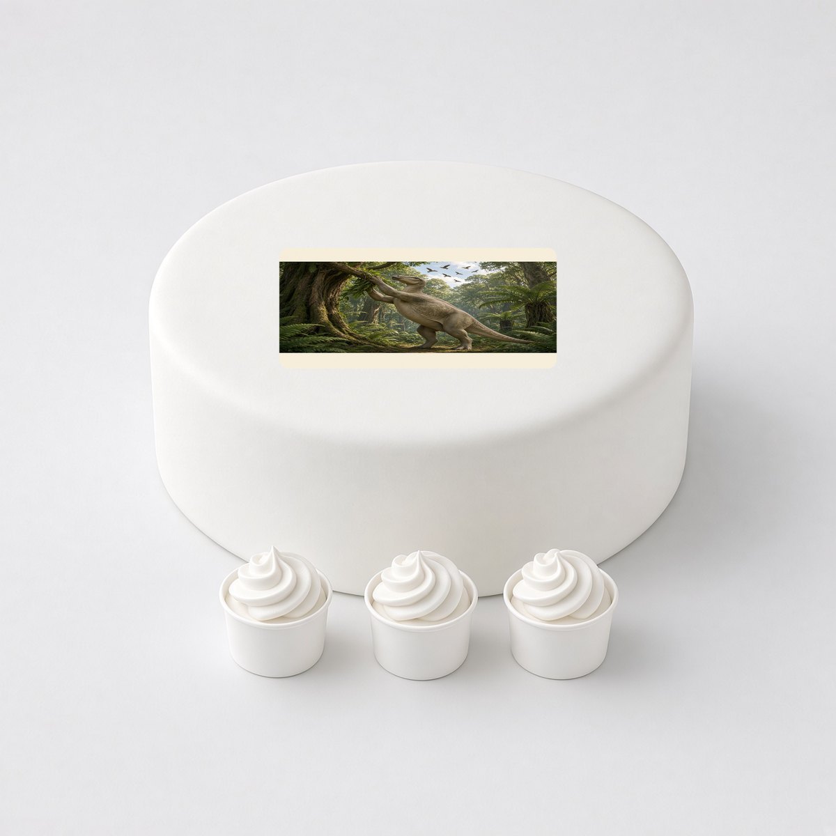 Iguanodon in a realistic scene, printed on a square cake topper on a white cake, with the words your text here above and below.