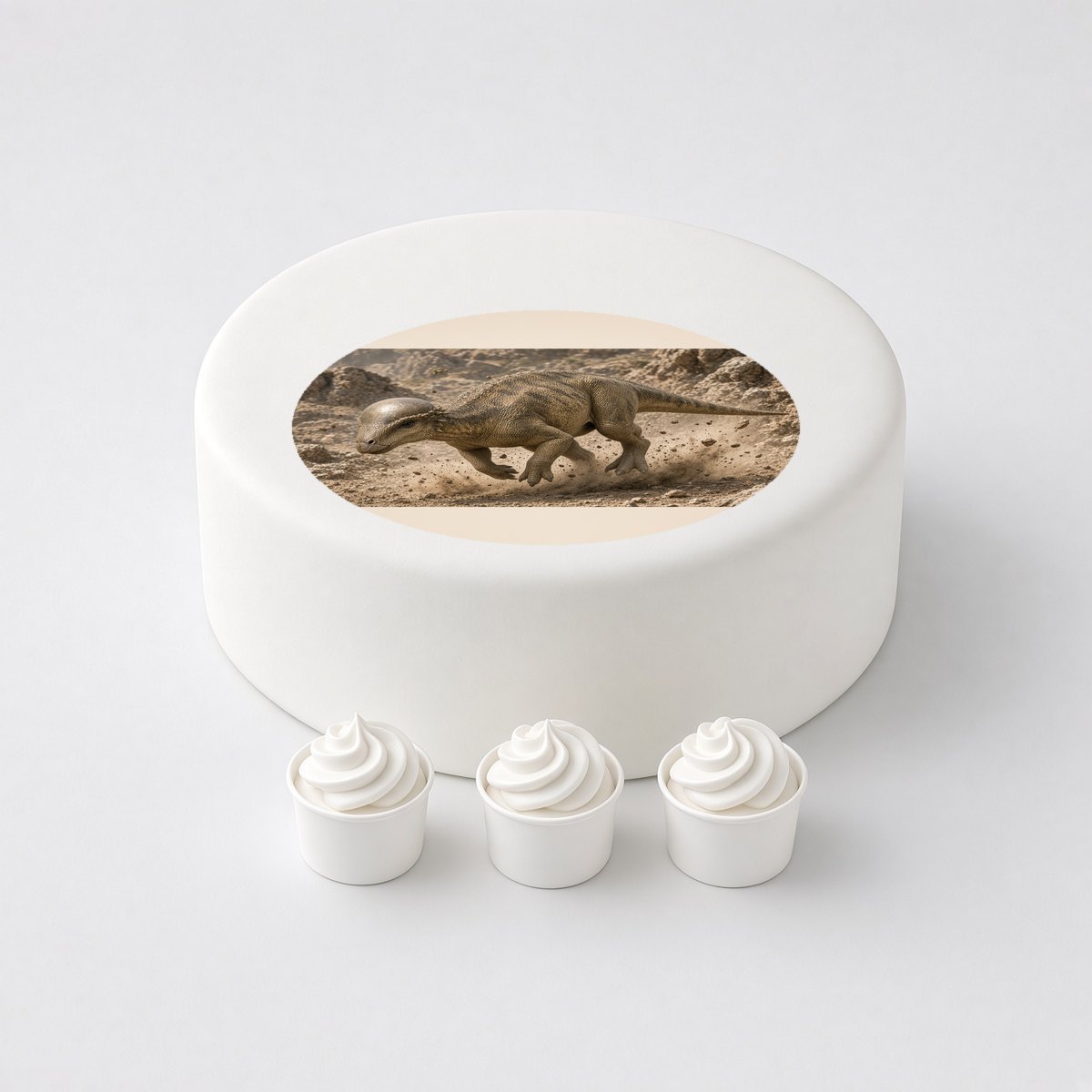 Pachycephalosaurus in a realistic scene, printed on a circle cake topper on a white cake, with the words your text here above and below.