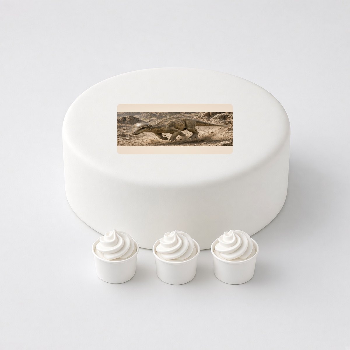 Pachycephalosaurus in a realistic scene, printed on a square cake topper on a white cake, with the words your text here above and below.
