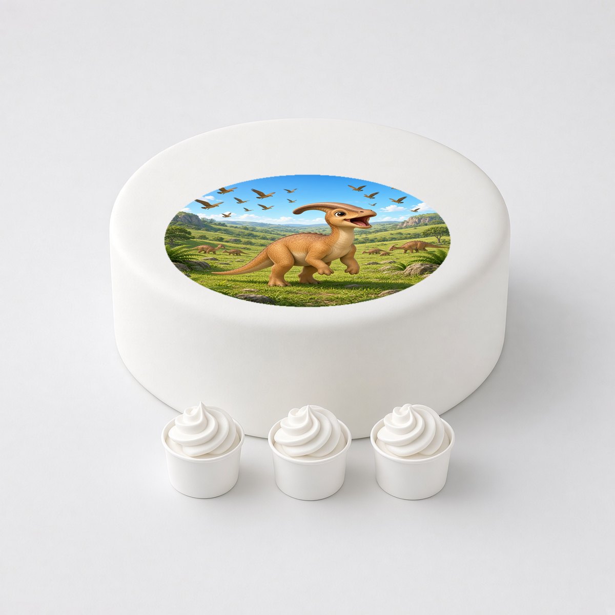 Parasaurolophus in a cartoon scene, printed on a circle cake topper on a white cake, with the words your text here above and below.