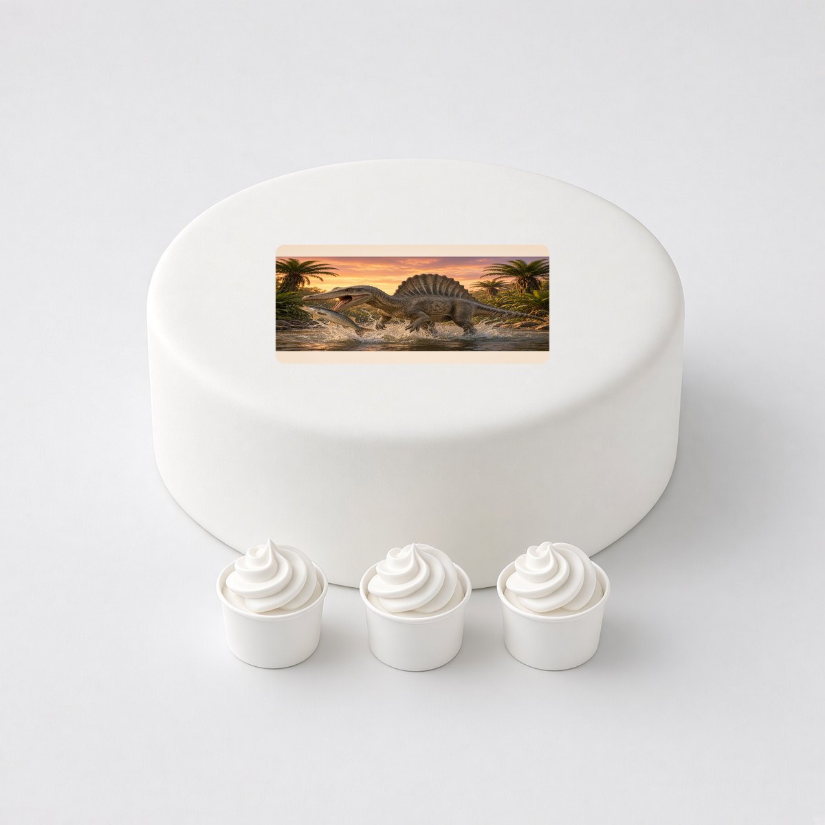 Spinosaurus in a realistic scene, printed on a square cake topper on a white cake, with the words your text here above and below.