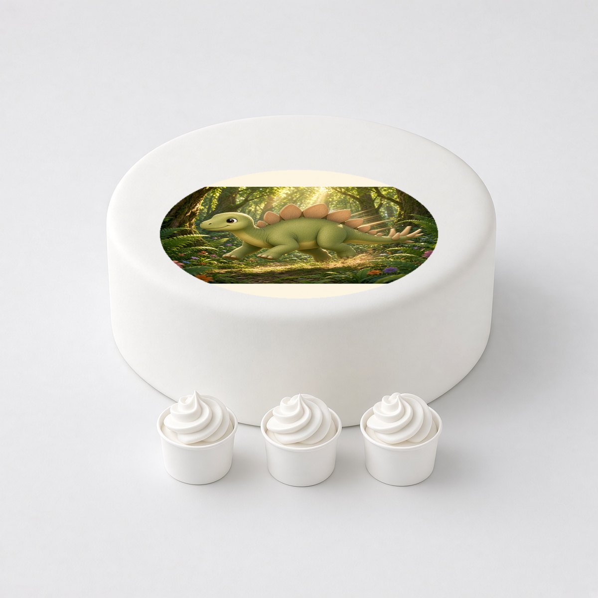 Stegosaurus in a cartoon scene, printed on a circle cake topper on a white cake, with the words your text here above and below.