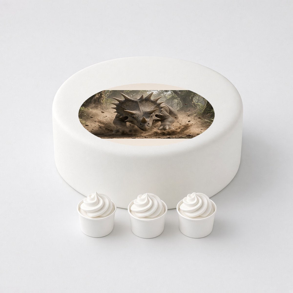 Styracosaurus in a realistic scene, printed on a circle cake topper on a white cake, with the words your text here above and below.