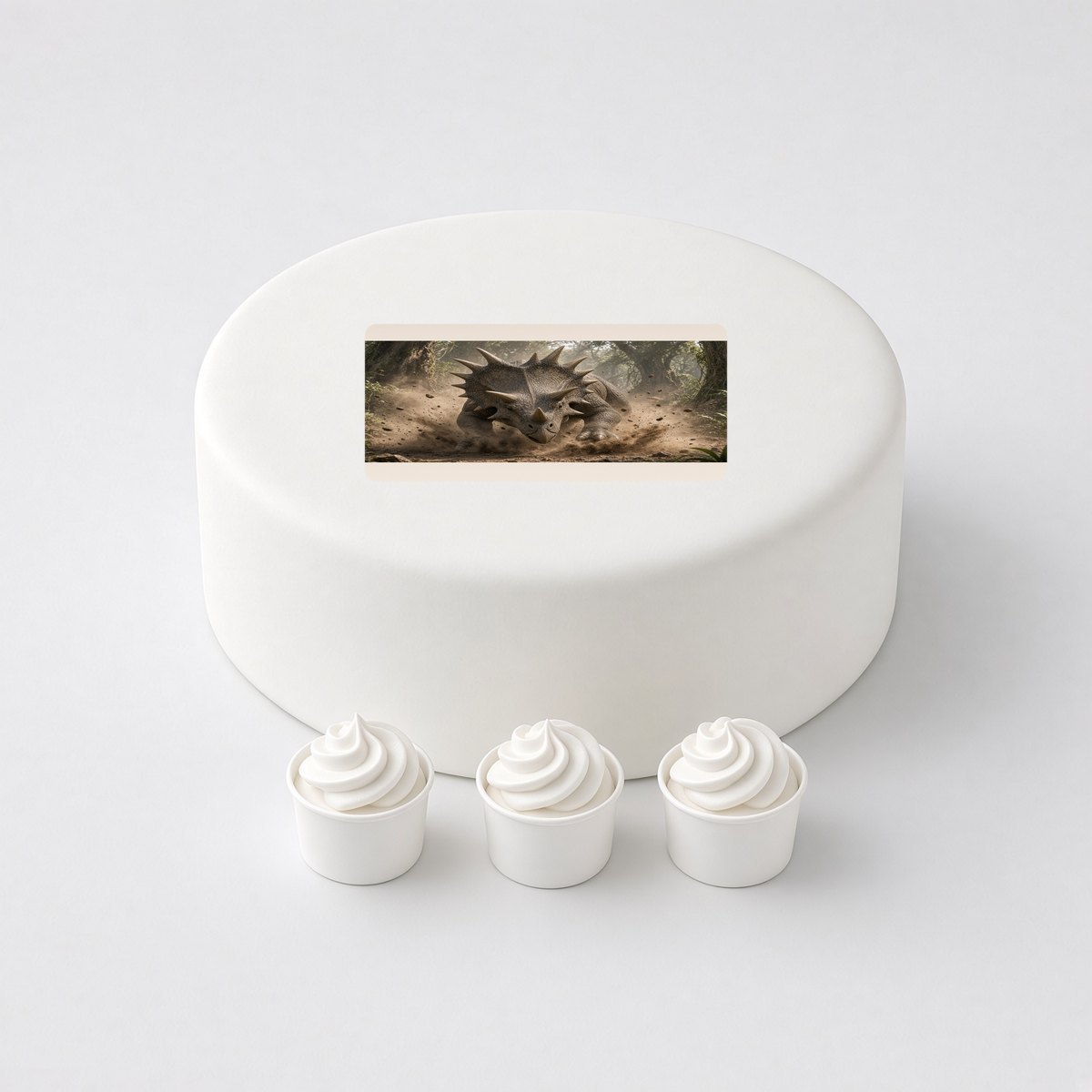 Styracosaurus in a realistic scene, printed on a square cake topper on a white cake, with the words your text here above and below.