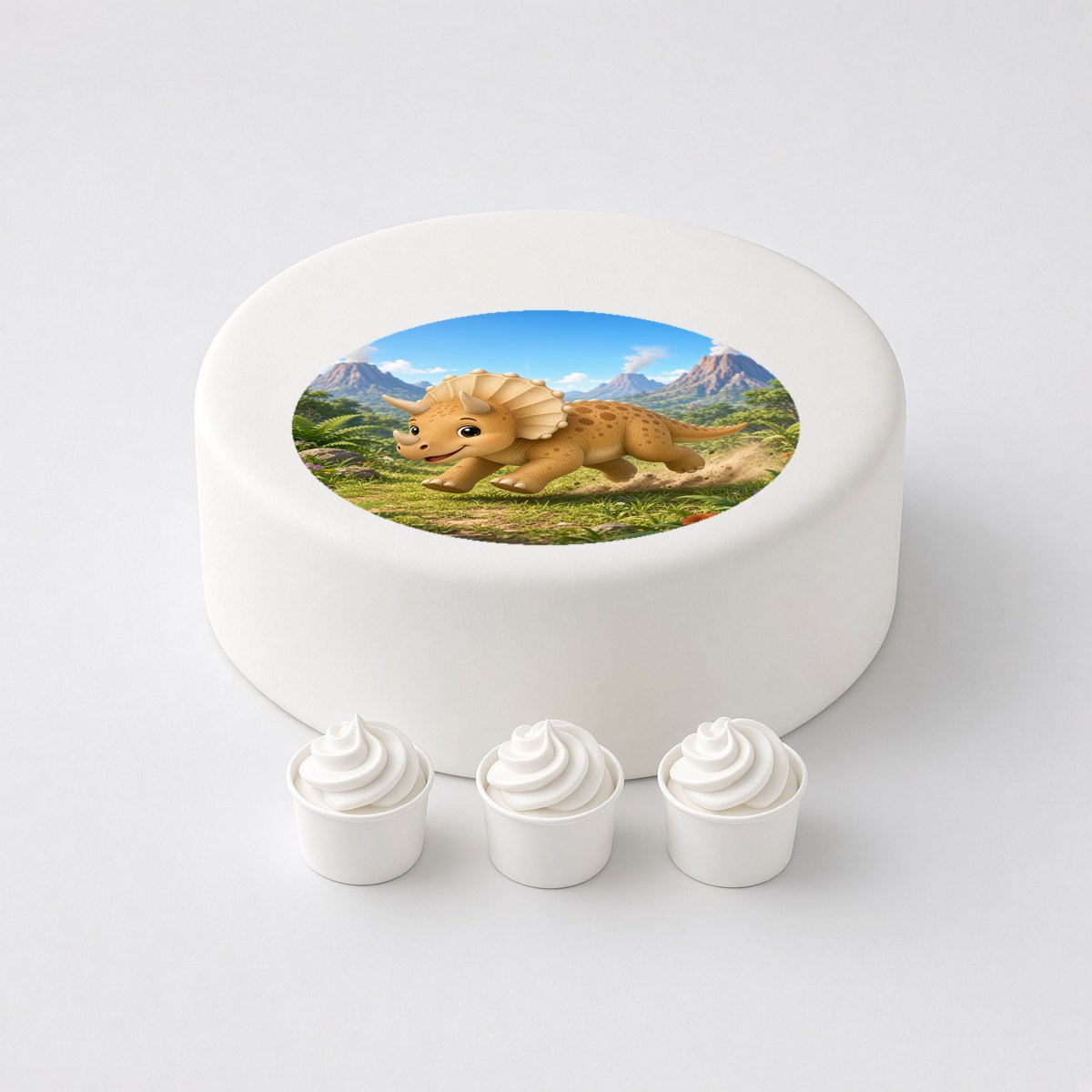 Triceratops in a cartoon scene, printed on a circle cake topper on a white cake, with the words your text here above and below.