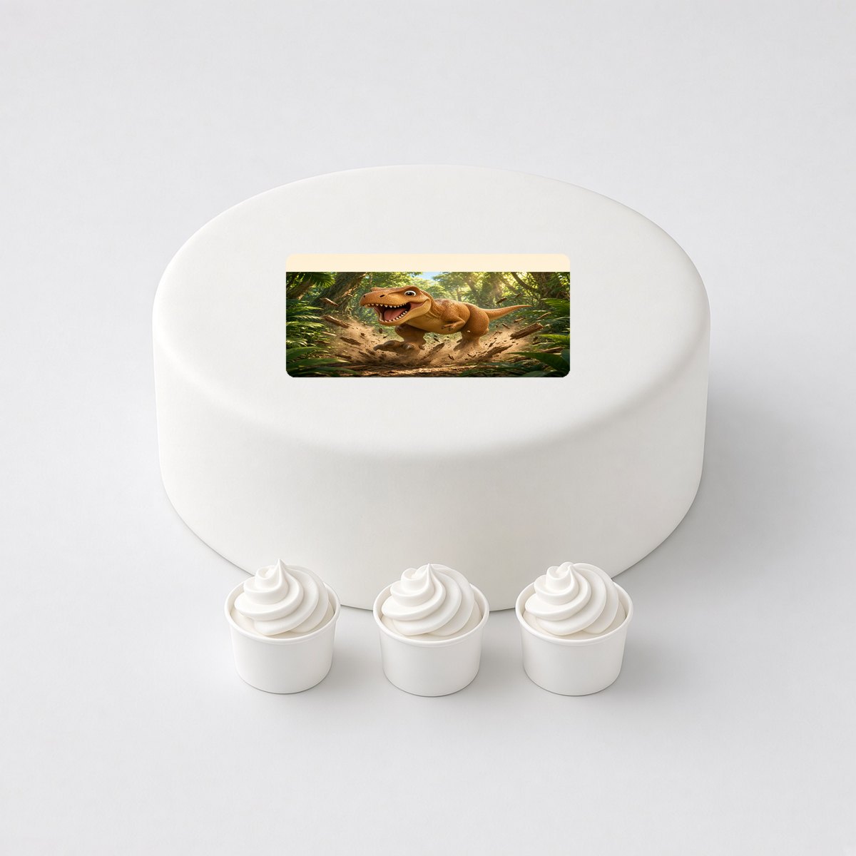 Tyrannosaurus in a cartoon scene, printed on a square cake topper on a white cake, with the words your text here above and below.