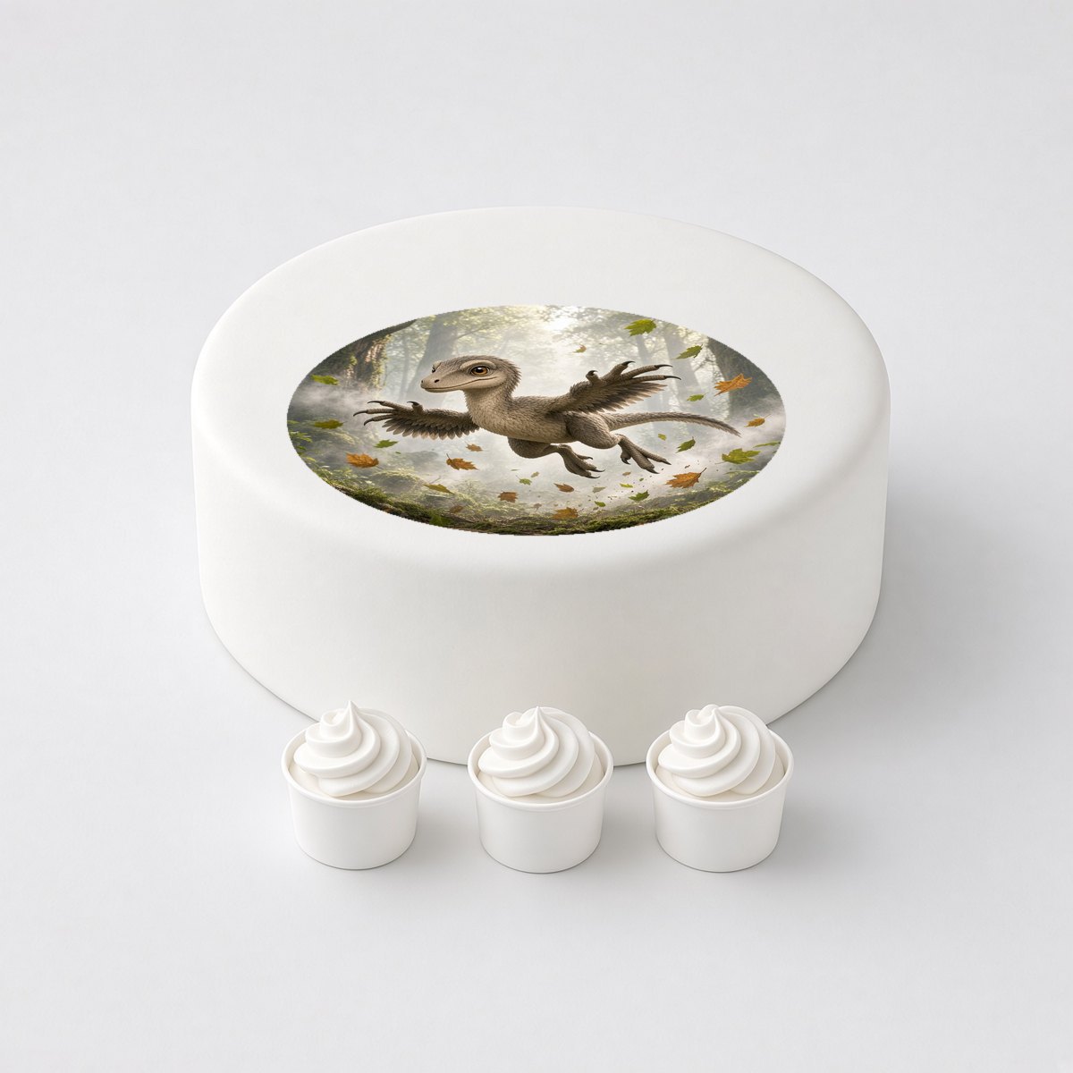 Velociraptor in a cartoon scene, printed on a circle cake topper on a white cake, with the words your text here above and below.