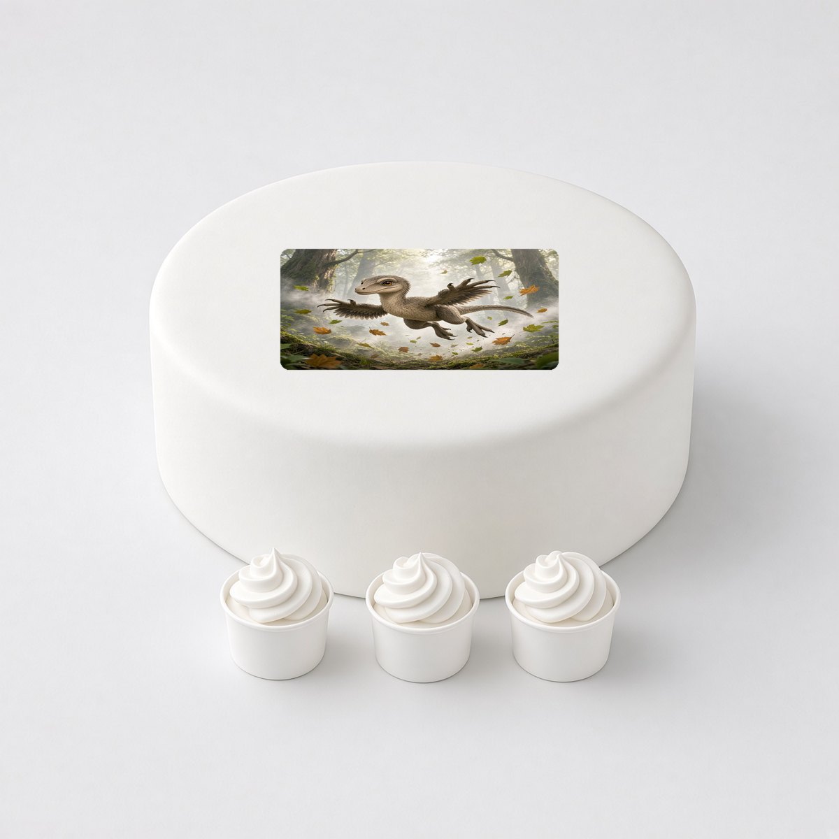 Velociraptor in a cartoon scene, printed on a square cake topper on a white cake, with the words your text here above and below.