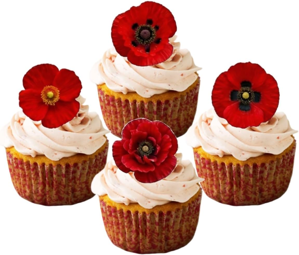 24 x Pre Cut Flower Edible Wafer Cupcake Toppers (Poppy)
